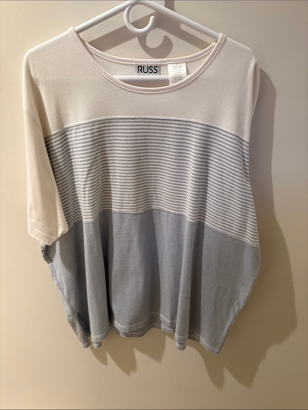 RUSS Cream and Light Gray Striped Short Sleeve Knit Top